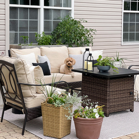 5-Seat Rattan-steel Luxury Padded Patio Conversation Set with Fire Pit Table