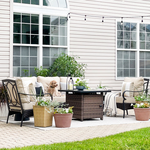 5-Seat Rattan-steel Luxury Padded Patio Conversation Set with Fire Pit Table