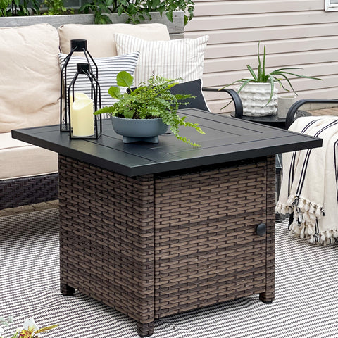 5-Seat Rattan-steel Luxury Padded Patio Conversation Set with Fire Pit Table