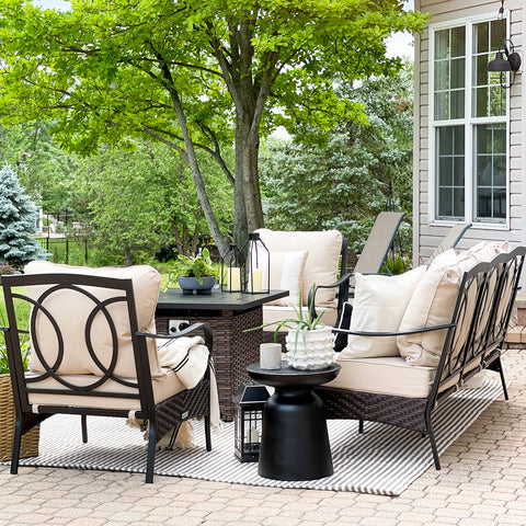 5-Seat Rattan-steel Luxury Padded Patio Conversation Set with Fire Pit Table