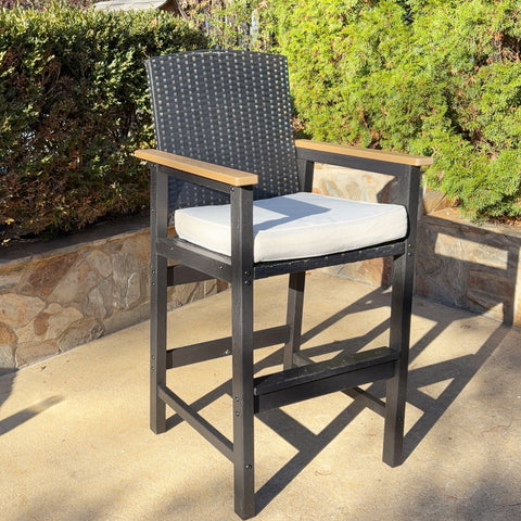 3-Piece Outdoor High Bar Set with HDPE Wicker Stools & Wood-Like Table