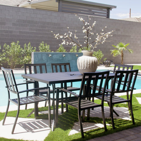 7-Piece Steel Panel Table and 6 Stackable Chairs Outdoor Patio Dining Sets