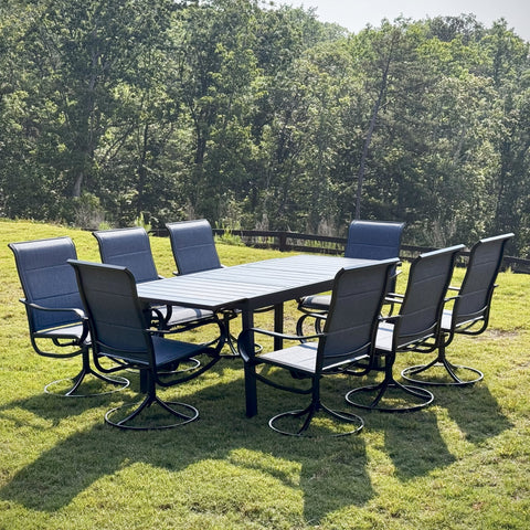 9-Pcs Patio Dining Set with Expandable Table & Denim Blue Textilene Swivel Chair