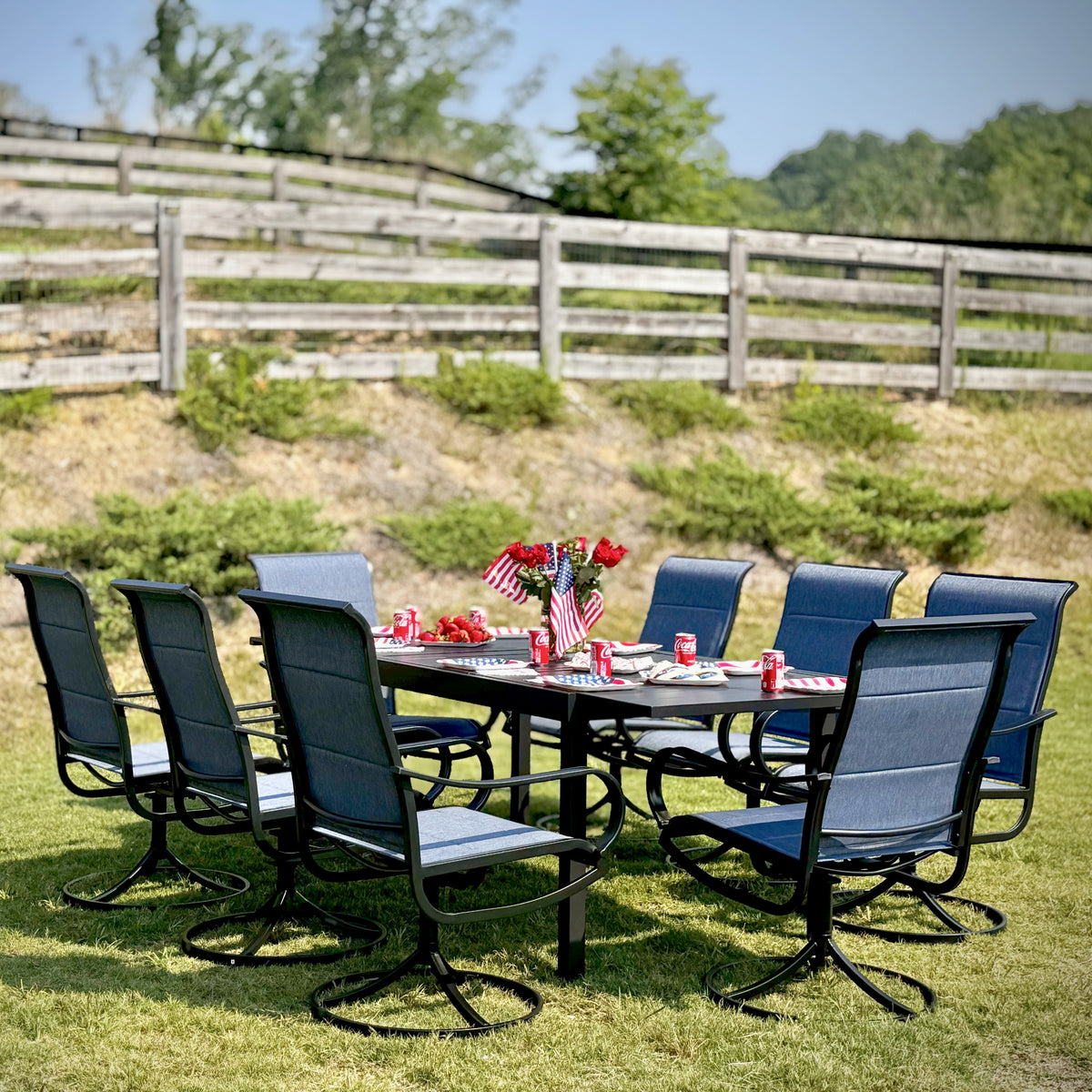 9-Pcs Patio Dining Set with Expandable Table & Denim Blue Textilene Swivel Chair