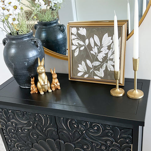 Black Accent Cabinet with Carved Floral Design