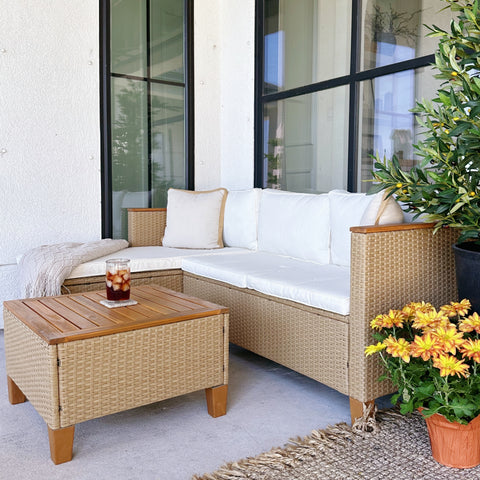 Outdoor Rattan Conversation Sofa Set with Acacia Wood Coffee Table