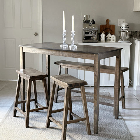 4-Piece Solid Wood Bar Table Set with Saddle Stools and Bench