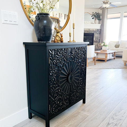 Black Accent Cabinet with Carved Floral Design