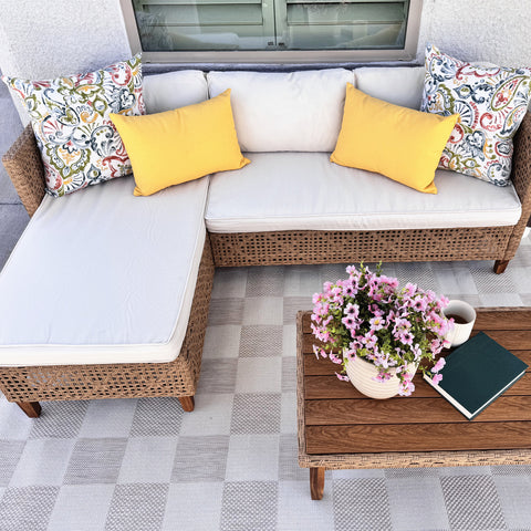 Boho Style Outdoor Wicker Conversation Sofa set with Acacia Wood Coffee Table