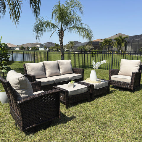 5 Seats Wicker Patio Conversation Sofa Set with Swivel Chairs
