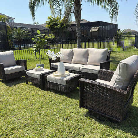 5 Seats Wicker Patio Conversation Sofa Set with Swivel Chairs