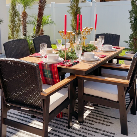 7-Piece Outdoor Dining Set with HDPE Rattan Chair and Wood-grain Table