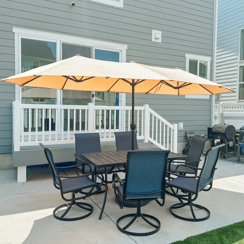8-Piece 13ft Umbrella Patio Dining Set with Denim Blue / Grey Textilene Swivel Chair