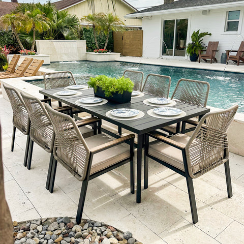 9-Piece Outdoor Patio Dining Set with Handcrafted Rattan Rope Chairs