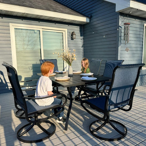 7-Piece Patio Dining Set with Denim Blue Textilene Swivel Chair