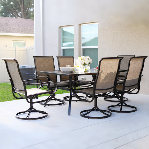 Rectangle Table and 6 Textilene Swivel Chairs 7-Piece Steel Outdoor Dining Set