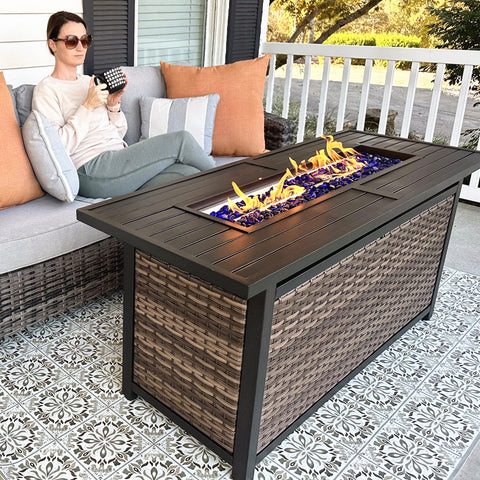 50,000 BTU Patio Fire Pit Table with Rattan Side Boards