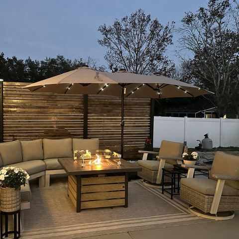 15ft Extra Large Double-Sided Patio Umbrella with Solar Powered LED Lights (Base Included)