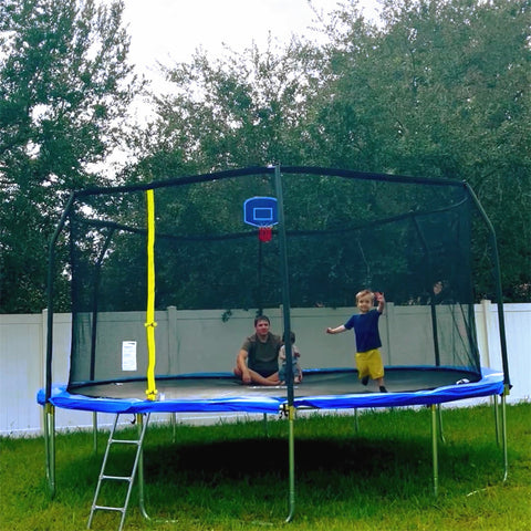 Outdoor Trampoline with Basketball Hoop and Ladder