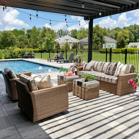 Luxury 5 Seats Wicker Patio Conversation Sofa Set with Swivel Chairs