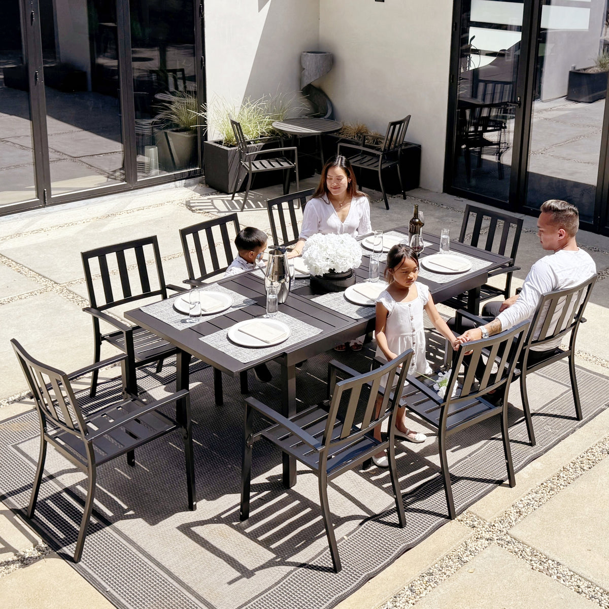 Adjustable Steel Table and Stackable Chairs Metal Outdoor Patio Dining Sets