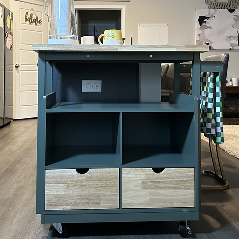 PHI VILLA Rubber Wood Tabletop Kitchen Island Cart with Drawers and Towel Rack, Green