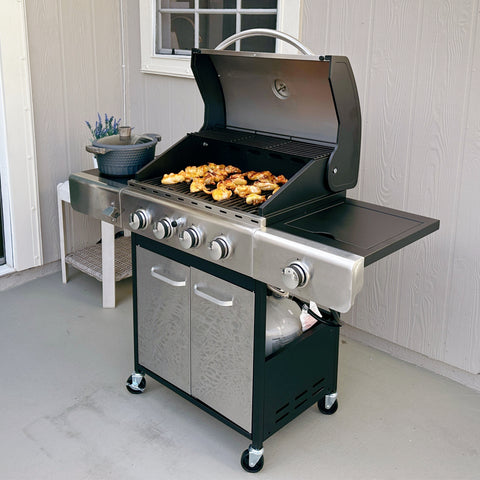 4-Burner Outdoor Propane Gas BBQ Grill with Side Burner