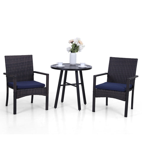 Small Round Table & Cushioned Rattan Dining Chairs 3-Piece Patio Bistro Set