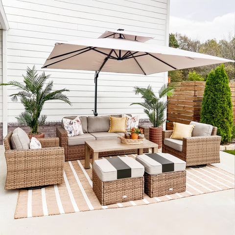 Luxury 5 Seats Wicker Patio Conversation Sofa Set with Swivel Chairs