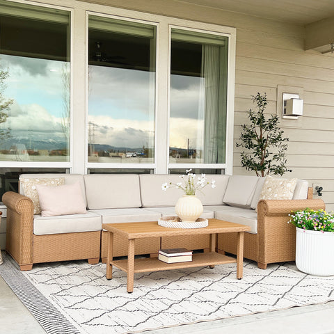 Outdoor Rattan Sofa Set with T-Shaped Sponge Cushion and Coffee Table