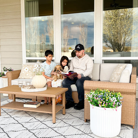 Outdoor Rattan Sofa Set with T-Shaped Sponge Cushion and Coffee Table