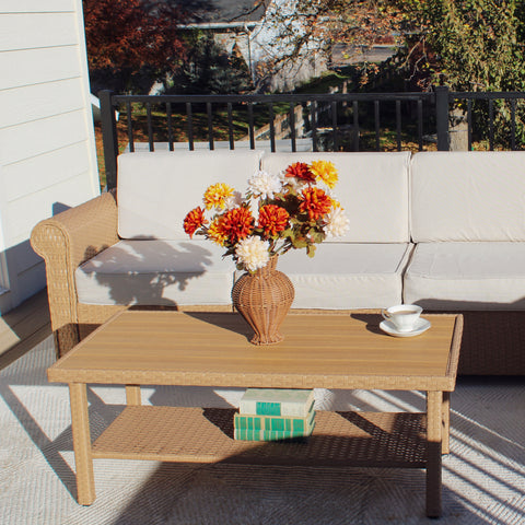 Outdoor Rattan Sofa Set with T-Shaped Sponge Cushion and Coffee Table