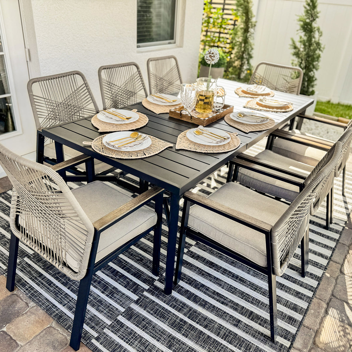 9-Piece Outdoor Patio Dining Set with Handcrafted Rattan Rope Chairs