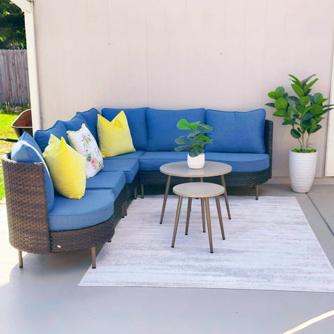 Outdoor Round Curved Wicker Conversation Sofa Set with Navy Cushions and 2 Coffee Tables