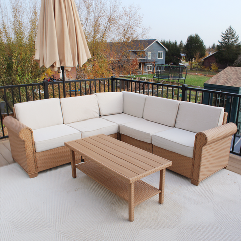 Outdoor Rattan Sofa Set with T-Shaped Sponge Cushion and Coffee Table