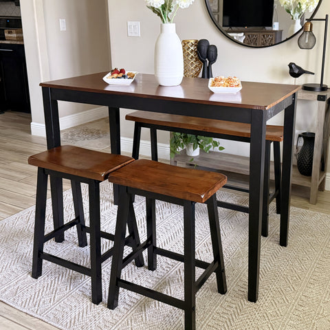 4-Piece Solid Wood Bar Table Set with Saddle Stools and Bench