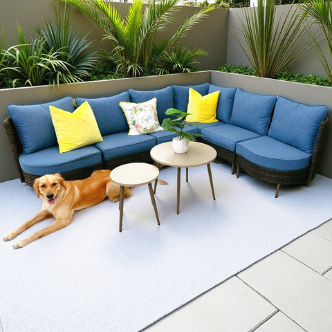 Outdoor Round Curved Wicker Conversation Sofa Set with Navy Cushions and 2 Coffee Tables