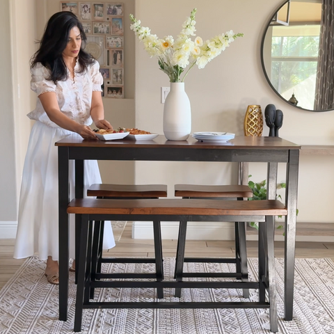 4-Piece Solid Wood Bar Table Set with Saddle Stools and Bench