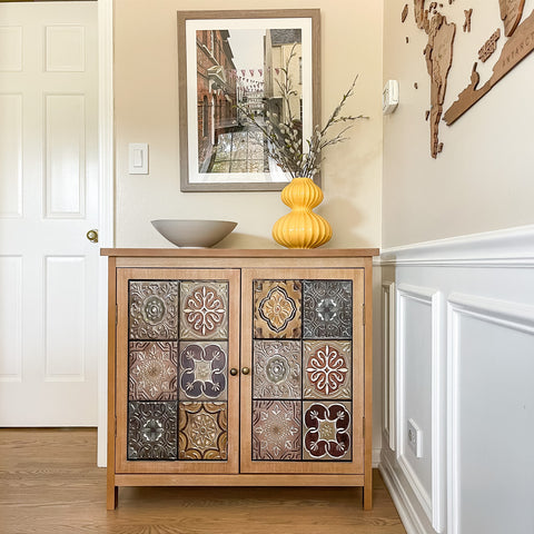 Antique Metal Block Veneer Accent Cabinet