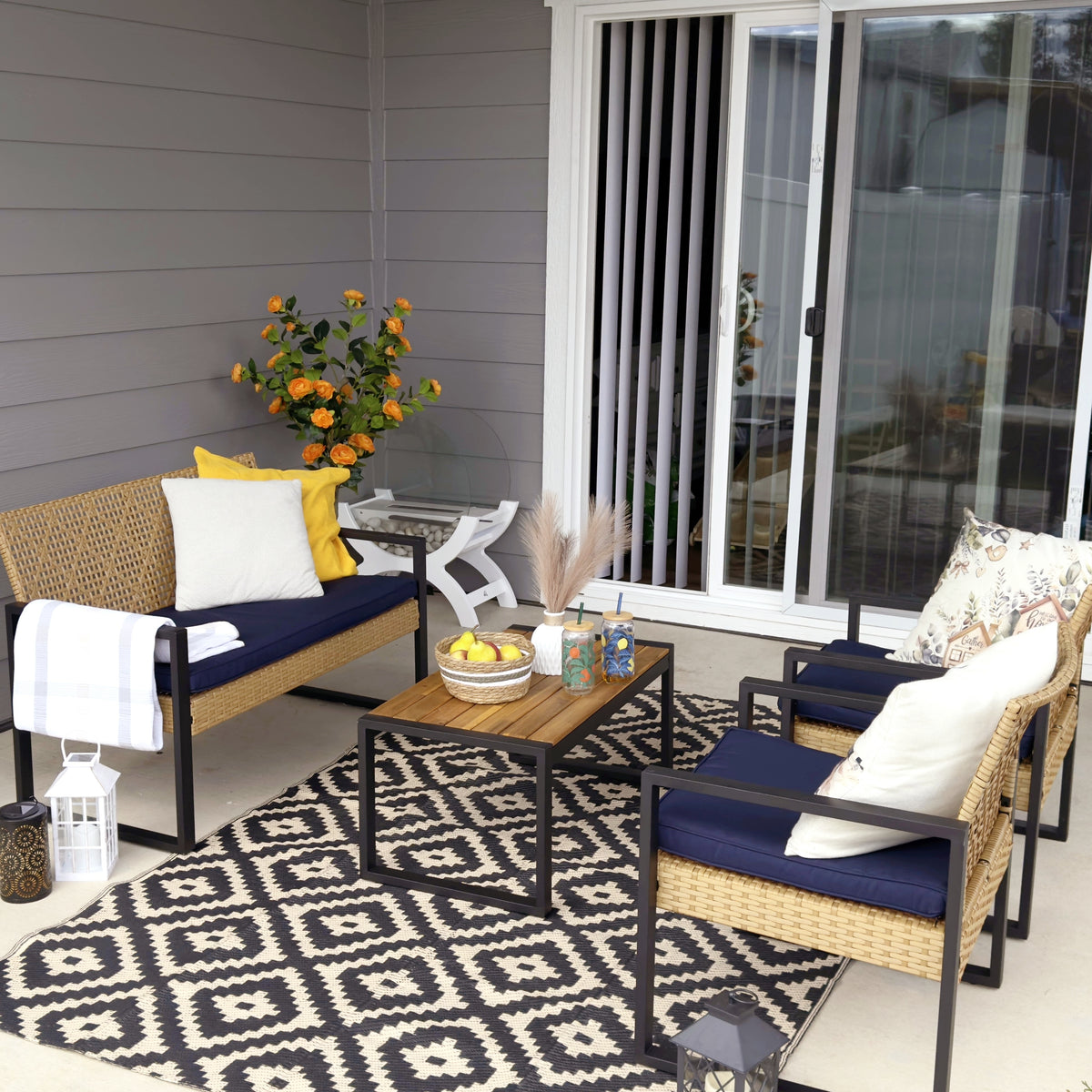 4-Piece Contemporary Rattan-wood Patio Conversation Set
