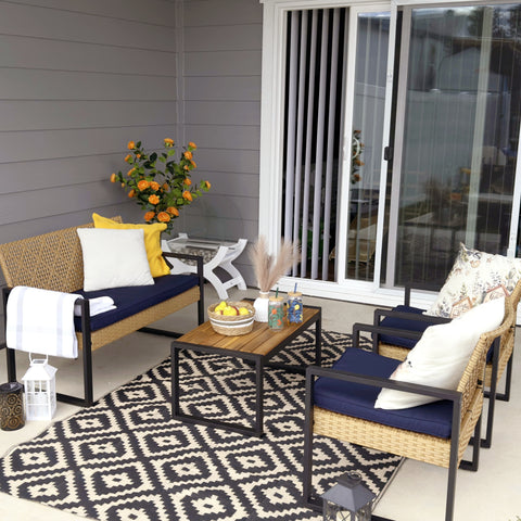 4-Piece Contemporary Rattan-wood Patio Conversation Set