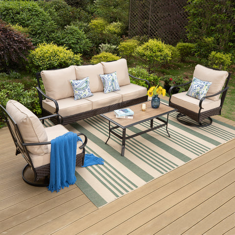 5-Seat Thick Cushion Steel-Rattan Patio Conversation Sofa Set with Coffee Table