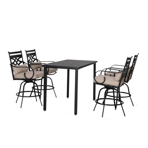 PHI VILLA 5-Piece Patio Bar Stool Set Embossed/Wood-like Table & Cast-iron Pattern Bar Stools