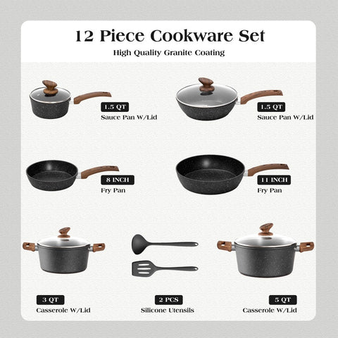 Kitchen Academy Stylish Granite-Coating Nonstick Induction 12 Pieces Cookware Set