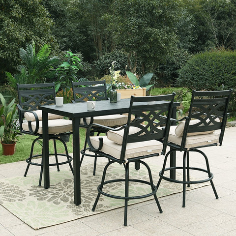 PHI VILLA 5-Piece Patio Bar Stool Set Embossed/Wood-like Table & Cast-iron Pattern Bar Stools