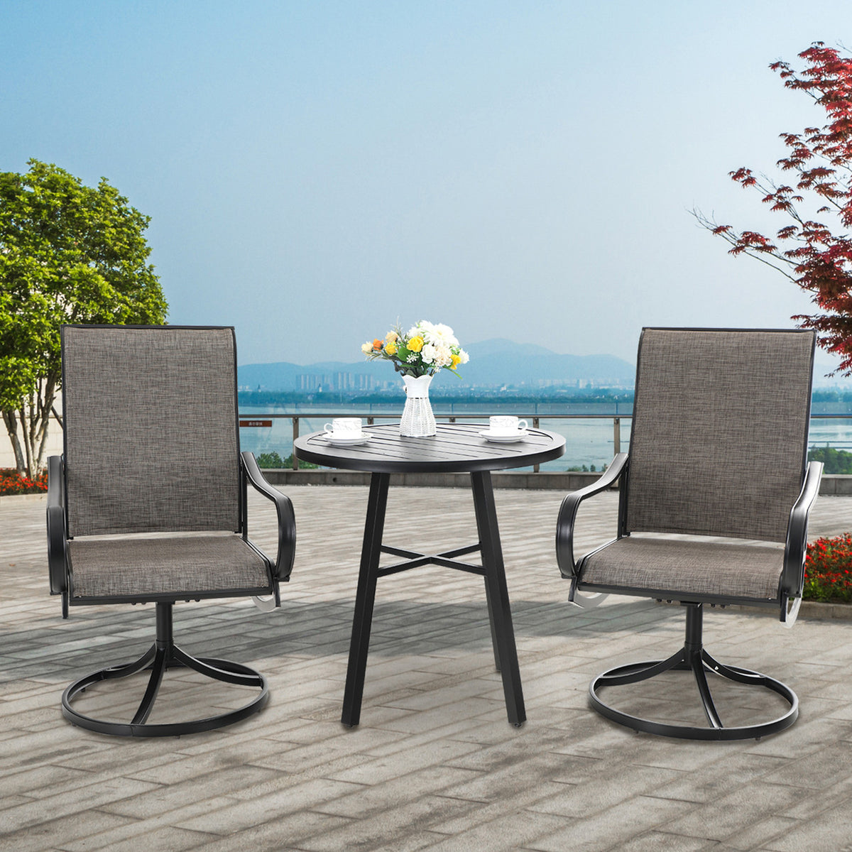 3-Piece Patio Bistro Set Small Round Tea Table & Textilene Swivel Chairs