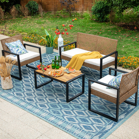 4-Piece Contemporary Rattan-wood Patio Conversation Set