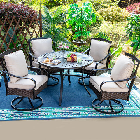 5-Piece Wood-look Table/Round Metal Table & Cushioned Rattan-steel Chairs Outdoor Dining Set