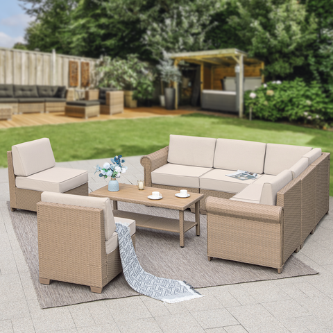 Outdoor Rattan Sofa Set with T-Shaped Sponge Cushion and Coffee Table