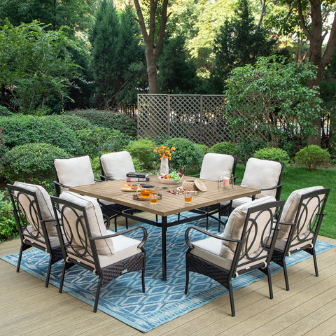 9-Piece Large Wood-grain Square Table & Rattan-Steel Cushioned Chairs